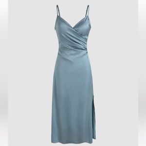 Cider Solid Satin Slit Midi Dress